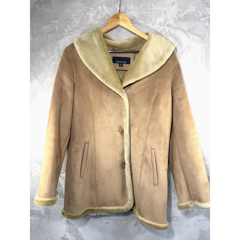 Jones New York Faux Shearling Suede Coat Tan Camel Plush Collar Medium Cozy Y2K